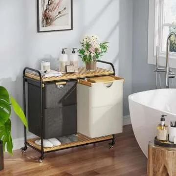 Rolling Laundry Hamper, Bamboo Laundry Basket with Wheels, Tall Laundry Sorter with 2 Pull-Out Removable Bags and Shelves, Double Laundry Hamper for Dirty Clothes, 2 x 40L, Black & White