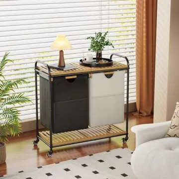 Rolling Laundry Hamper, Bamboo Laundry Basket with Wheels, Tall Laundry Sorter with 2 Pull-Out Removable Bags and Shelves, Double Laundry Hamper for Dirty Clothes, 2 x 40L, Black & White