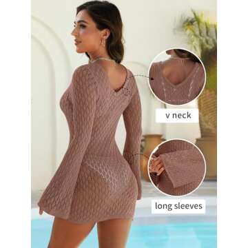 ANRABESS Womens Swimsuit Crochet Swim Cover Up Summer Bathing Suit Swimwear V Neck Knit Beach Dress ...