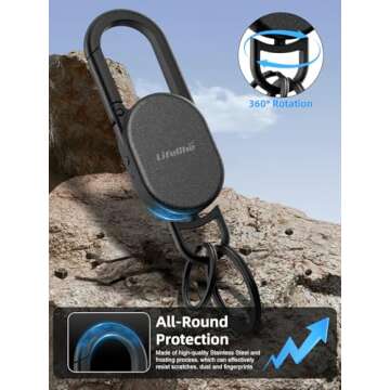 Keychain, Key Finder Built-in Anti-Loss Tracker, Heavy Duty Key Holder, Premium Stainless Steel Keychain Carabiner Car Key Chains with GPS Global Locator Tracking Waterproof Frosted Black