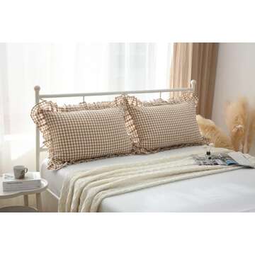 2 Pack Taupe White Plaid Pillow Shams with Ruffles Checkered Pillowcases Gingham Queen Size Pillow C...