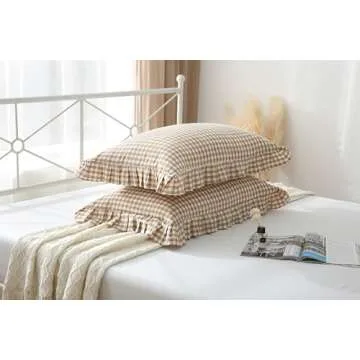 2 Pack Taupe White Plaid Pillow Shams with Ruffles Checkered Pillowcases Gingham Queen Size Pillow Cases Washed Cotton Farmhouse Cottage Pillow Covers for Bed/Sofa(20X30inches,Taupe/White Plaid)