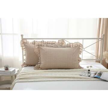 2 Pack Taupe White Plaid Pillow Shams with Ruffles Checkered Pillowcases Gingham Queen Size Pillow Cases Washed Cotton Farmhouse Cottage Pillow Covers for Bed/Sofa(20X30inches,Taupe/White Plaid)