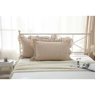 2 Pack Taupe White Plaid Pillow Shams with Ruffles Checkered Pillowcases Gingham Queen Size Pillow Cases Washed Cotton Farmhouse Cottage Pillow Covers for Bed/Sofa(20X30inches,Taupe/White Plaid)