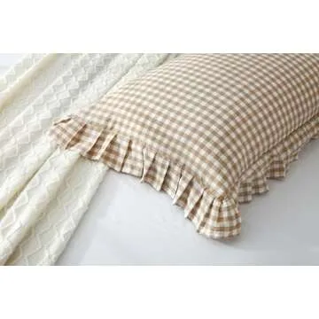 2 Pack Taupe White Plaid Pillow Shams with Ruffles Checkered Pillowcases Gingham Queen Size Pillow Cases Washed Cotton Farmhouse Cottage Pillow Covers for Bed/Sofa(20X30inches,Taupe/White Plaid)