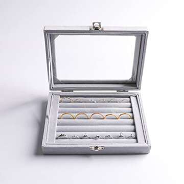 Frebeauty Rings/Earring Organizer Tray with Clear Lid,7 Slots Ring Box Velvet Ring Holder Drawer Ins...