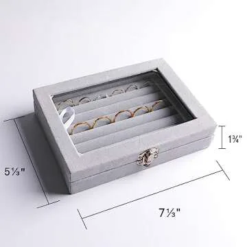 Frebeauty Rings/Earring Organizer Tray with Clear Lid,7 Slots Ring Box Velvet Ring Holder Drawer Insert Jewelry Storage Box Jewelry Display Case Jewelry Box Gift for Women and Girls(Grey,7 Slots)