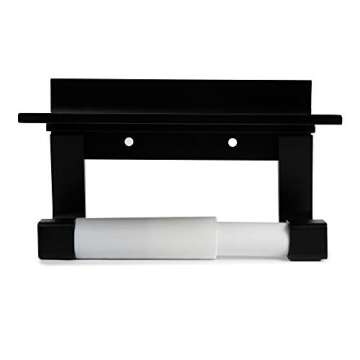 Hautelife Home Toilet Paper Holder with Overhead Shelf - Metal Modern Minimalist Heavy Duty Bathroom TP Holder for Washroom Includes Built-in Cell Phone & Tablet Mount (Black)