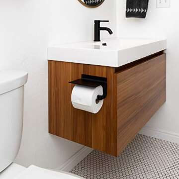Hautelife Home Toilet Paper Holder with Overhead Shelf - Metal Modern Minimalist Heavy Duty Bathroom TP Holder for Washroom Includes Built-in Cell Phone & Tablet Mount (Black)
