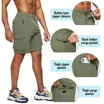 Pudolla Men's Hiking Cargo Shorts Quick Dry Outdoor Travel Shorts for Men with Multi Pocket for Fishing Camping Casual (Slate Green Large)