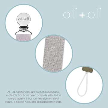Ali+Oli Linen Strap Pacifier Clip (Night) Set of 3 (10" x 1") Baby Pacifier Holder for Newborn Pacifiers & Teethers, Binky Clips, Silicone-Free Pacifier Clips