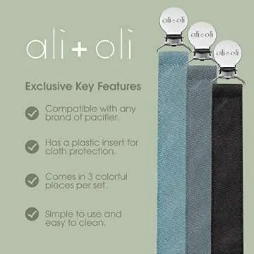 Ali+Oli Linen Strap Pacifier Clip (Night) Set of 3 (10" x 1") Baby Pacifier Holder for Newborn Pacifiers & Teethers, Binky Clips, Silicone-Free Pacifier Clips