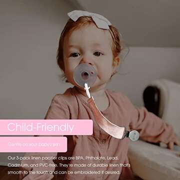 Ali+Oli Linen Strap Pacifier Clip (Night) Set of 3 (10" x 1") Baby Pacifier Holder for Newborn Pacifiers & Teethers, Binky Clips, Silicone-Free Pacifier Clips