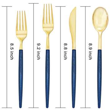 Supernal 180 Pieces Gold Plastic Cutlery,Gold Flatware with Blue Glitter Handle,Disposable Gold and ...