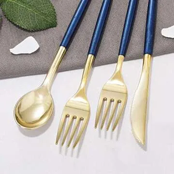 Supernal Gold Plastic Flatware with Blue Glitter Handle