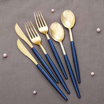 Supernal Gold Plastic Flatware with Blue Glitter Handle
