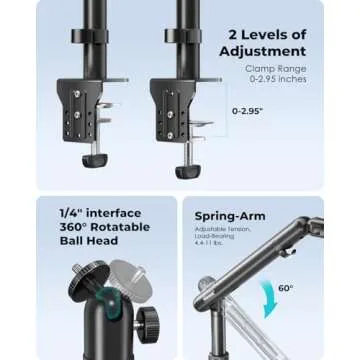 Viozon Overhead Camera Mount, Camera Desk Mount, Flexible Aluminum Spring Arm with 360° Ball Head &1/4" Interface for DSLR Camera/Projector/Heavy Microphone(FC100)