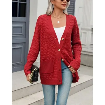 Zeagoo Womens 2025 Long Sleeve Chunky Cable Knit Fall Cardigans Sweaters Button Down Open Front Outerwear with Pockets Red Medium
