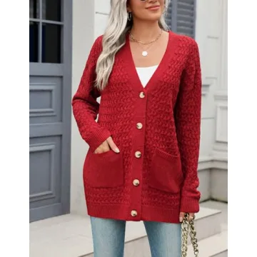 Zeagoo Womens 2025 Long Sleeve Chunky Cable Knit Fall Cardigans Sweaters Button Down Open Front Outerwear with Pockets Red Medium