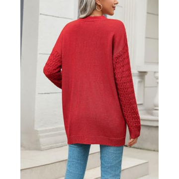 Zeagoo Womens 2025 Long Sleeve Chunky Cable Knit Fall Cardigans Sweaters Button Down Open Front Outerwear with Pockets Red Medium