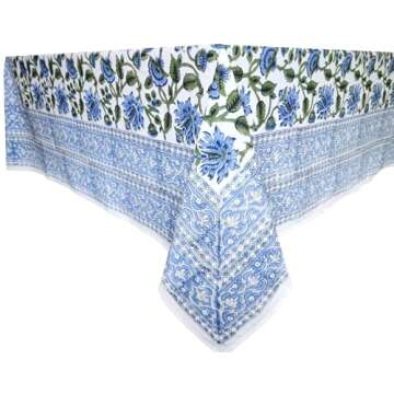 ATOSII Taj 100% Cotton Summer Tablecloth, Block Print Floral Rectangle Table Cloth for Dining Table ...