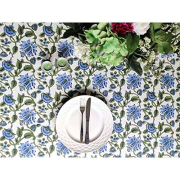 ATOSII Taj 100% Cotton Summer Tablecloth, Block Print Floral Rectangle Table Cloth for Dining Table I Parties Wedding Outdoors, Grand Millenial Decor 60 X 108 Inches I 8 Seater