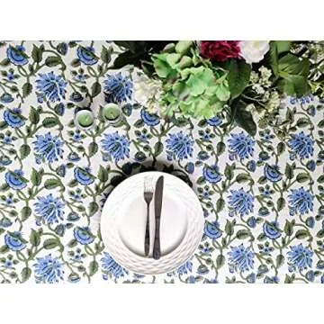 ATOSII Taj 100% Cotton Summer Tablecloth, Block Print Floral Rectangle Table Cloth for Dining Table I Parties Wedding Outdoors, Grand Millenial Decor 60 X 108 Inches I 8 Seater