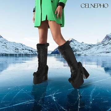 CELNEPHO Knee High Boots For Womens Side Zipper Warm Faux Fur Platform Chunky Heel Punk Goth Walking Winter Snow Boots Black Size 5.5