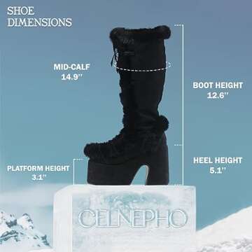 CELNEPHO Knee High Boots For Womens Side Zipper Warm Faux Fur Platform Chunky Heel Punk Goth Walking Winter Snow Boots Black Size 5.5