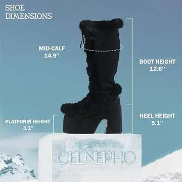 CELNEPHO Knee High Boots For Womens Side Zipper Warm Faux Fur Platform Chunky Heel Punk Goth Walking Winter Snow Boots Black Size 5.5