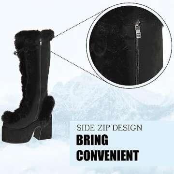 CELNEPHO Knee High Boots For Womens Side Zipper Warm Faux Fur Platform Chunky Heel Punk Goth Walking Winter Snow Boots Black Size 5.5