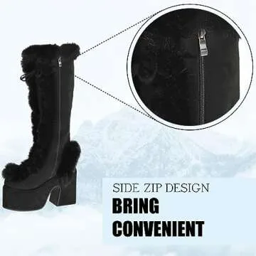 CELNEPHO Knee High Boots For Womens Side Zipper Warm Faux Fur Platform Chunky Heel Punk Goth Walking Winter Snow Boots Black Size 5.5