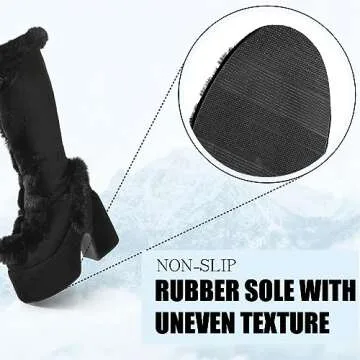CELNEPHO Knee High Boots For Womens Side Zipper Warm Faux Fur Platform Chunky Heel Punk Goth Walking Winter Snow Boots Black Size 5.5
