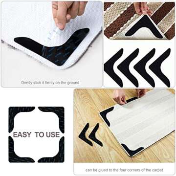 Rug Grippers,Never Curl Rug Grippers Non Slip Reusable Carpet Stickers for Area Rugs, Hardwood Floors, Tile Floors, Floor Mats, Keep Your Rug in Place and Makes Corners Flat for Corners (Black, 4Pcs)