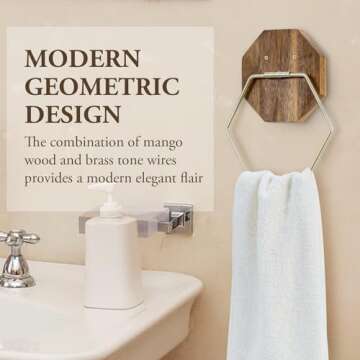 MyGift Modern Wall Mounted Brass-Tone Hexagon Wire Towel Ring with Mango Wood Backing for Bathroom o...