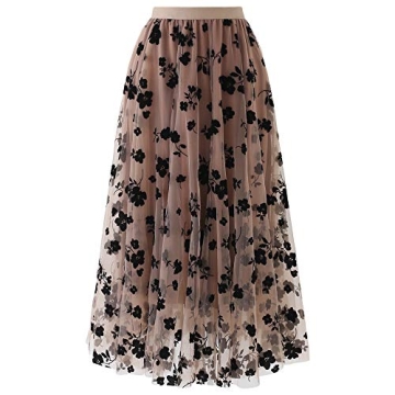 CHICWISH Women's Caramel 3D Posy Double-Layered Mesh Midi Skirt, Size XS