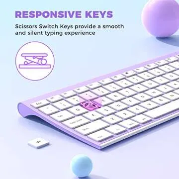 Wireless Keyboard and Mouse, Vssoplor 2.4GHz Rechargeable Compact Quiet Full-Size Keyboard and Mouse Combo with Nano USB Receiver for Windows, Laptop, PC, Notebook-Lavender Purple
