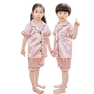Digirlsor Little Boys Girls Short Satin Pajamas Set Classic Silk Pjs Toddler Kids 2 Piece Sleepwear Button-Down Short Sleeve Pink, Tag18/13-14 years/ Height 150-160cm