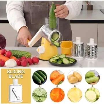 Cambom Rotary Cheese Grater Hand Crank Cheese Shredder for Fresh Cheese, Vegetable, Nuts,Non-slip Suction Base, Free Cleaning Brush Three Blades,Yellow