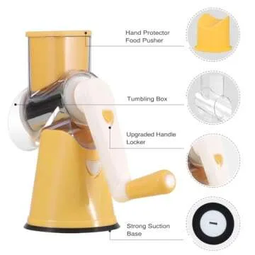 Cambom Rotary Cheese Grater Hand Crank Cheese Shredder for Fresh Cheese, Vegetable, Nuts,Non-slip Suction Base, Free Cleaning Brush Three Blades,Yellow