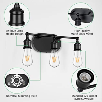 3-Light Black Vintage Modern Vanity Light Fixture