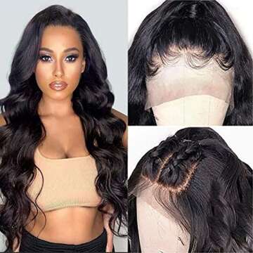 Candice Hair 13x4 Lace Front Wigs Long Natural Wave Hair Heat Resistant #1B Black Synthetic Glueless Wigs for Women Pre Plucked with Baby Hair Swiss Lace Wigs for Daily Party Use 24 Inch