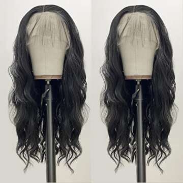 Candice Hair 13x4 Lace Front Wigs Long Natural Wave Hair Heat Resistant #1B Black Synthetic Glueless Wigs for Women Pre Plucked with Baby Hair Swiss Lace Wigs for Daily Party Use 24 Inch