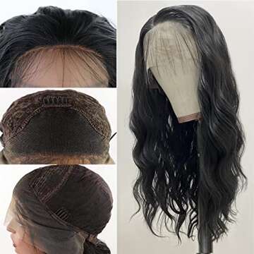 Candice Hair 13x4 Lace Front Wigs Long Natural Wave Hair Heat Resistant #1B Black Synthetic Glueless Wigs for Women Pre Plucked with Baby Hair Swiss Lace Wigs for Daily Party Use 24 Inch