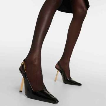 THESHY Women's Slingback Stiletto High Heels Square Toe Metal Buckle Pumps Backless Patent Leather Fashion Dress Shoes for Women Black