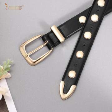 JASGOOD Women Leather Belt Fashion Studded Belt Ladies Punk Belt Gold Buckle Vintage Leather Belt for Jeans Dress