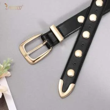 JASGOOD Women Leather Belt Fashion Studded Belt Ladies Punk Belt Gold Buckle Vintage Leather Belt for Jeans Dress