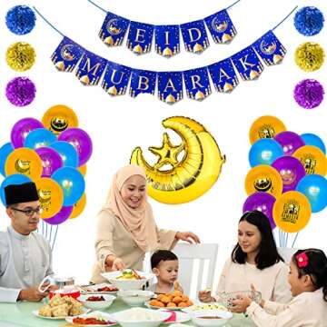 Ramadan Decorations for Home, Ramadan Mubarak Decorations Set with Ramadan & Eid & Mubarak Banner, 12 Swirl Strings, 6 Tissue Pom Poms, 1 Foil Moon Balloon, 30 Latex Balloons for Home Decor