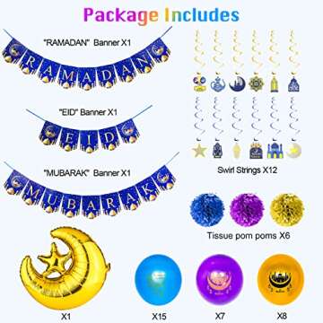 Ramadan Decorations for Home, Ramadan Mubarak Decorations Set with Ramadan & Eid & Mubarak Banner, 12 Swirl Strings, 6 Tissue Pom Poms, 1 Foil Moon Balloon, 30 Latex Balloons for Home Decor