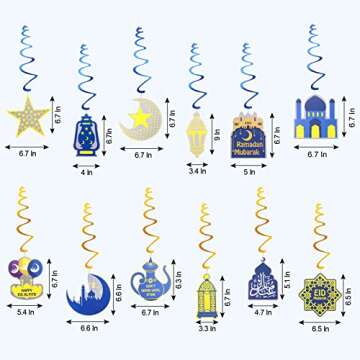 Ramadan Decorations for Home, Ramadan Mubarak Decorations Set with Ramadan & Eid & Mubarak Banner, 12 Swirl Strings, 6 Tissue Pom Poms, 1 Foil Moon Balloon, 30 Latex Balloons for Home Decor